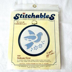 1984 NEW Stitchables Embroidery Cutlook Lace Delicate Dove Thread Fabric 4” Hoop